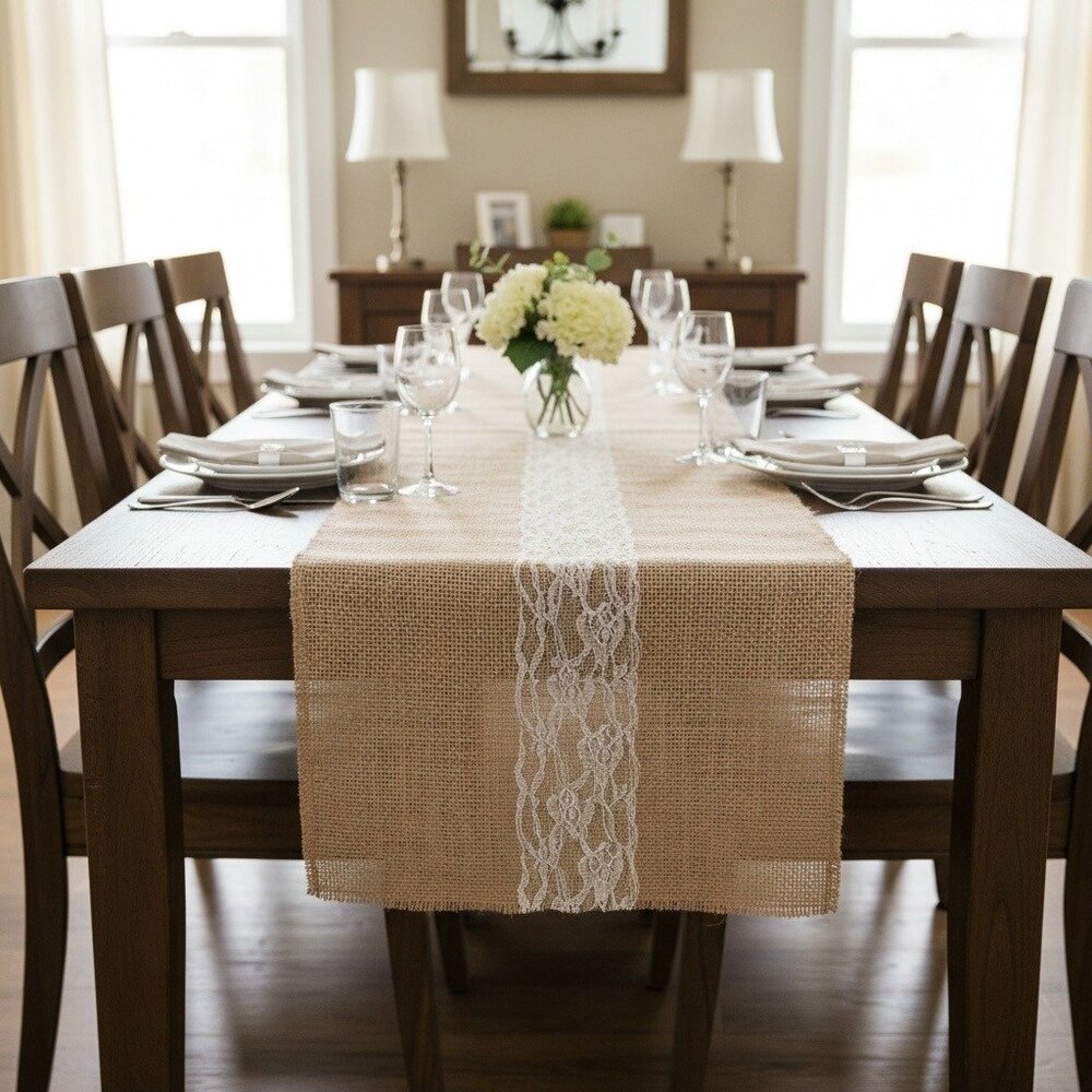Celebrate Burlap Table Runner With Lace 12 In X 8 Ft Beige & White Rustic Weddin